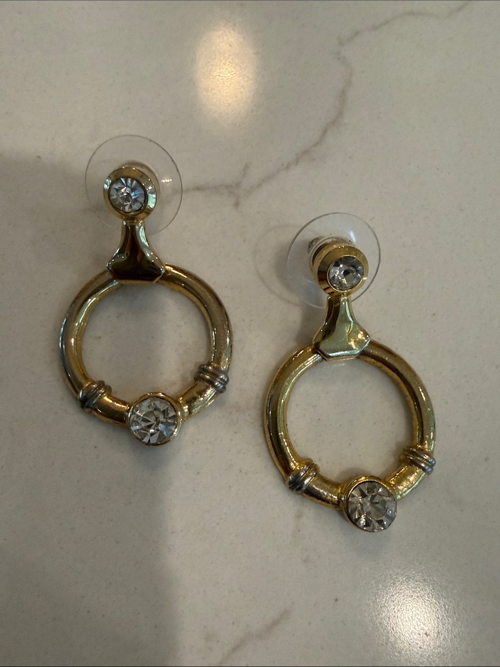 Gold Hoop Drop Earrings with Clear Crystals